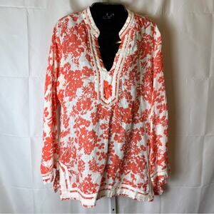 Malvin 100% Linen Shirt L Coral White Floral Tunic Top Resort Boho Germany Antro